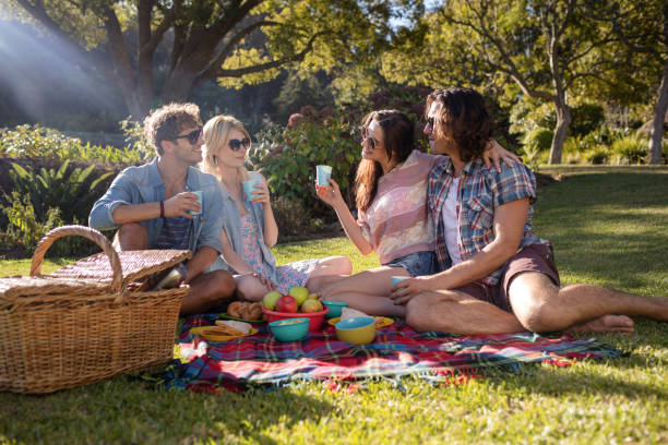 istock Happy friends having picnic in the park 650031490