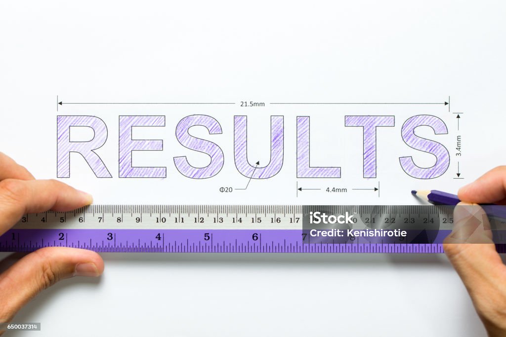 Measure results concept Hand holding ruler and pencil measuring the word result Measuring Stock Photo