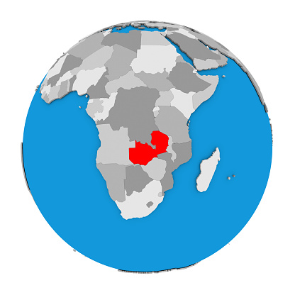 Map of Zambia highlighted in red on globe. 3D illustration isolated on white background.