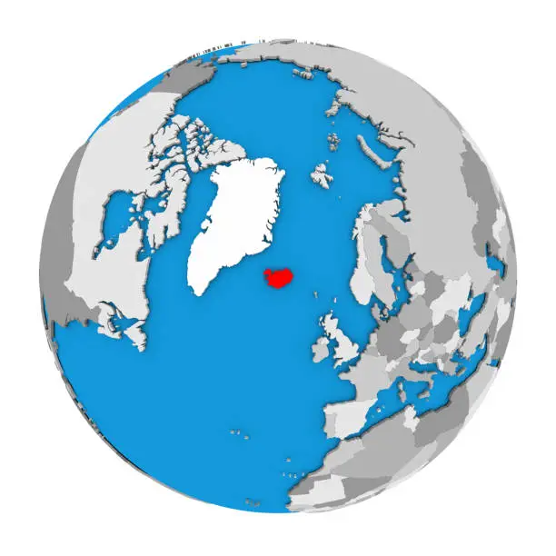 Map of Iceland highlighted in red on globe. 3D illustration isolated on white background.