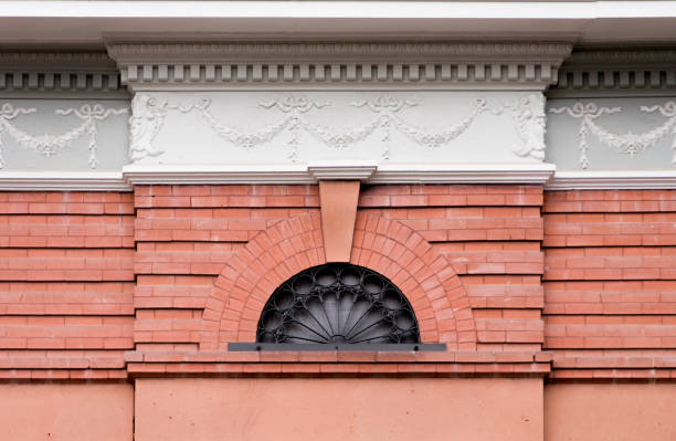 Photo of a brick wall architectural detail with arch and bunting textural background, taken in Boulder, Colorado.