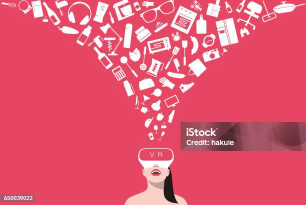 Beauty Girl Wearing Virtual Reality Glasses Purchasing Product At Internet Stock Illustration - Download Image Now