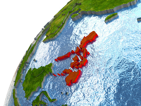Philippines highlighted in red with surrounding region. 3D illustration with highly detailed realistic planet surface and reflective ocean waters. 3D model of planet created and rendered in Cheetah3D software, 4 Mar 2017. Some layers of planet surface use textures furnished by NASA, Blue Marble collection: http://visibleearth.nasa.gov/view_cat.php?categoryID=1484