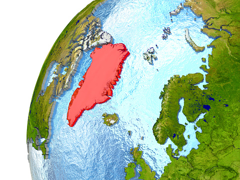 Greenland highlighted in red with surrounding region. 3D illustration with highly detailed realistic planet surface and reflective ocean waters. 3D model of planet created and rendered in Cheetah3D software, 4 Mar 2017. Some layers of planet surface use textures furnished by NASA, Blue Marble collection: http://visibleearth.nasa.gov/view_cat.php?categoryID=1484