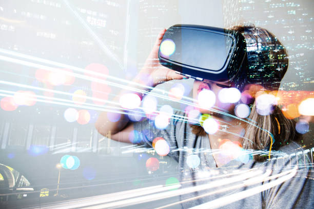 istock Double exposure of people using the virtual reality headset 650059438