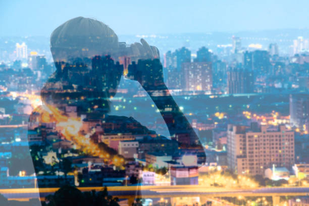 istock Double exposure of people using the virtual reality headset 650062598