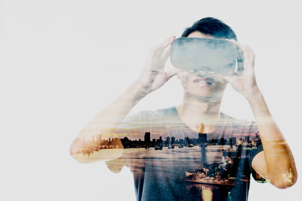 istock Double exposure of people using the virtual reality headset 650070758
