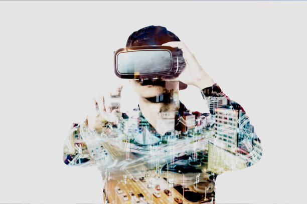 istock Double exposure of people using the virtual reality headset 650071040