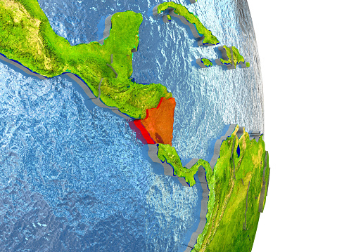 Nicaragua in red with surrounding region. 3D illustration with highly detailed realistic planet surface. 3D model of planet created and rendered in Cheetah3D software, 4 Mar 2017. Some layers of planet surface use textures furnished by NASA, Blue Marble collection: http://visibleearth.nasa.gov/view_cat.php?categoryID=1484