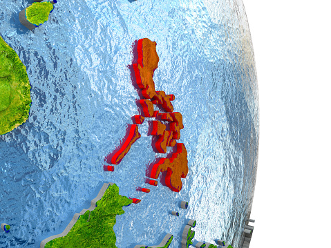 Philippines in red with surrounding region. 3D illustration with highly detailed realistic planet surface. 3D model of planet created and rendered in Cheetah3D software, 4 Mar 2017. Some layers of planet surface use textures furnished by NASA, Blue Marble collection: http://visibleearth.nasa.gov/view_cat.php?categoryID=1484