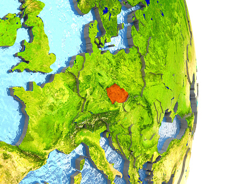 Europe and North America on 3D model of planet Earth with watery ocean and visible country borders. 3D illustration. 3D model of planet created and rendered in Cheetah3D software, 9 Mar 2017. Some layers of planet surface use textures furnished by NASA, Blue Marble collection: http://visibleearth.nasa.gov/view_cat.php?categoryID=1484