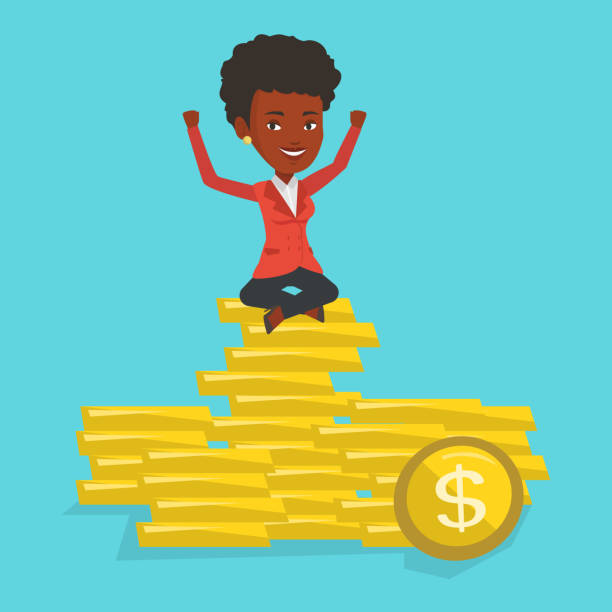 istock Happy business woman sitting on golden coins 650075144