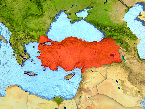 Top-down view of Turkey highlighted in red with surrounding region. 3D illustration with highly detailed realistic planet surface. 3D model of planet created and rendered in Cheetah3D software, 4 Mar 2017. Some layers of planet surface use textures furnished by NASA, Blue Marble collection: http://visibleearth.nasa.gov/view_cat.php?categoryID=1484