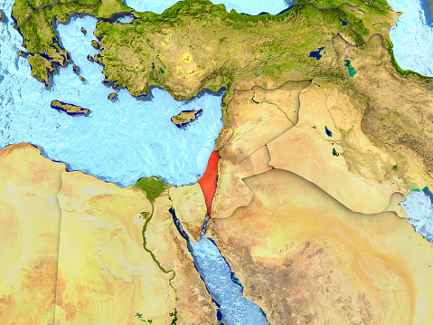 Top-down view of Israel highlighted in red with surrounding region. 3D illustration with highly detailed realistic planet surface. 3D model of planet created and rendered in Cheetah3D software, 4 Mar 2017. Some layers of planet surface use textures furnished by NASA, Blue Marble collection: http://visibleearth.nasa.gov/view_cat.php?categoryID=1484