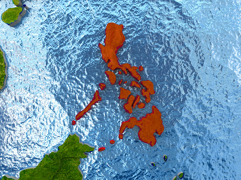 Top-down view of Philippines highlighted in red with surrounding region. 3D illustration with highly detailed realistic planet surface. 3D model of planet created and rendered in Cheetah3D software, 4 Mar 2017. Some layers of planet surface use textures furnished by NASA, Blue Marble collection: http://visibleearth.nasa.gov/view_cat.php?categoryID=1484