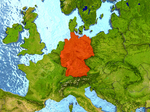 Top-down view of Germany highlighted in red with surrounding region. 3D illustration with highly detailed realistic planet surface. 3D model of planet created and rendered in Cheetah3D software, 4 Mar 2017. Some layers of planet surface use textures furnished by NASA, Blue Marble collection: http://visibleearth.nasa.gov/view_cat.php?categoryID=1484