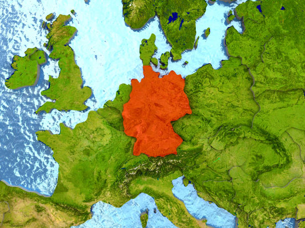 Germany in red Top-down view of Germany highlighted in red with surrounding region. 3D illustration with highly detailed realistic planet surface. 3D model of planet created and rendered in Cheetah3D software, 4 Mar 2017. Some layers of planet surface use textures furnished by NASA, Blue Marble collection: http://visibleearth.nasa.gov/view_cat.php?categoryID=1484 germany map regions stock pictures, royalty-free photos & images
