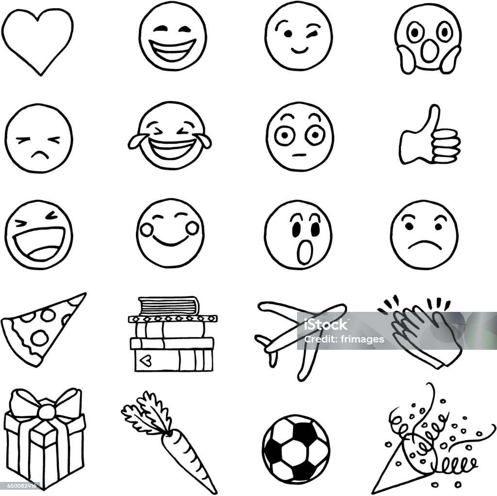 Hand drawn doodle emoji Hand drawn doodle emoji that are smiling, crying, in shock or surprised, and other items like pizza, books, airplane or a football Emoticon stock illustration