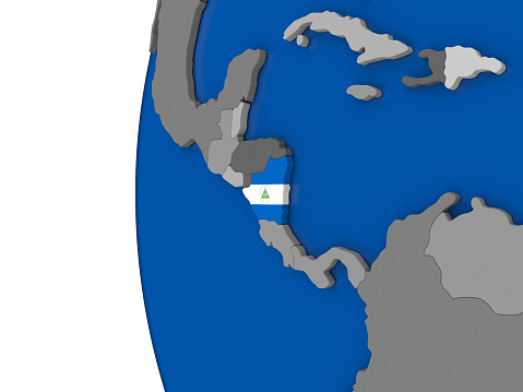 Map of Nicaragua with its flag on globe. 3D illustration 3D model of planet created and rendered in Cheetah3D software, 4 Mar 2017.