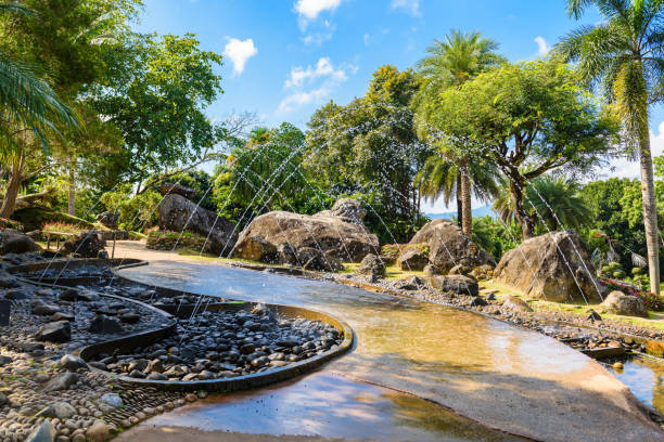 istock Walkway tunnel  fountain water 650091452