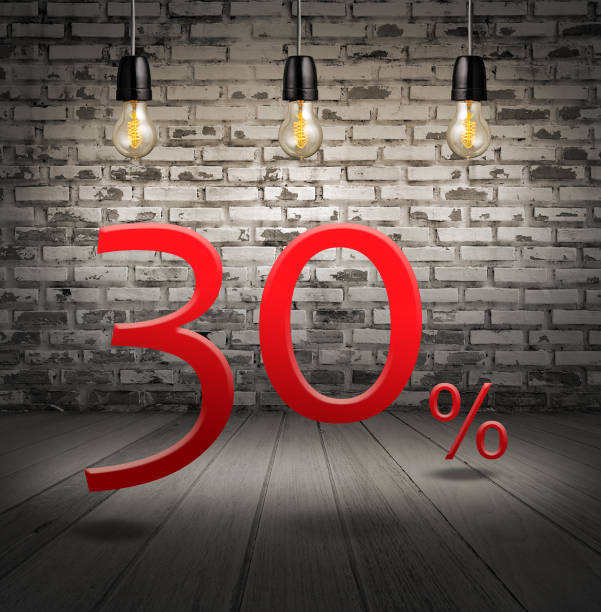 istock discount 30 percent off with text special offer your discount in interior with white brick wall and wooden floor and classic Edison light bulb. 650113578