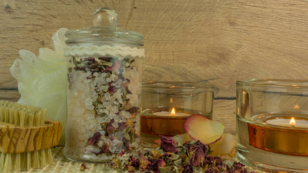istock bath salt, candles and rose blossom 650113884