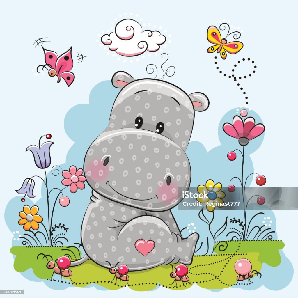 Cute Cartoon Hippo Cute Cartoon Hippo with flowers and butterflies on a meadow Animal stock vector