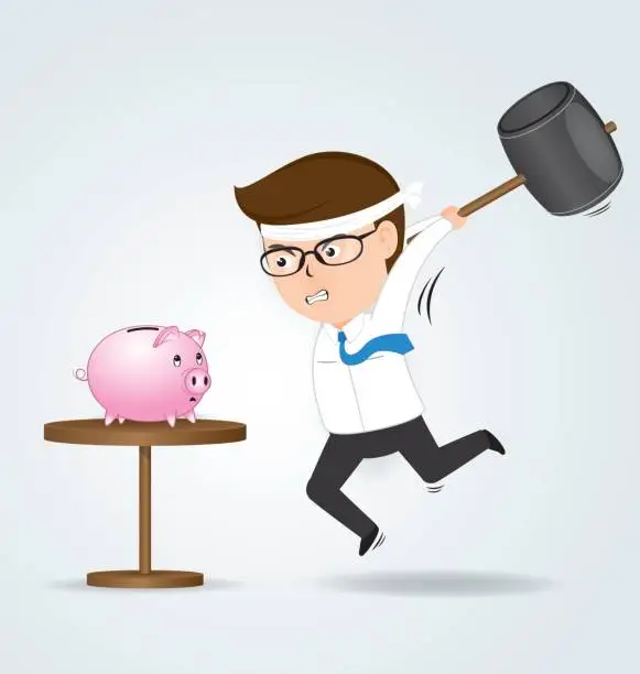 Vector illustration of Businessman holding hammer hitting piggy bank, business concept, vector