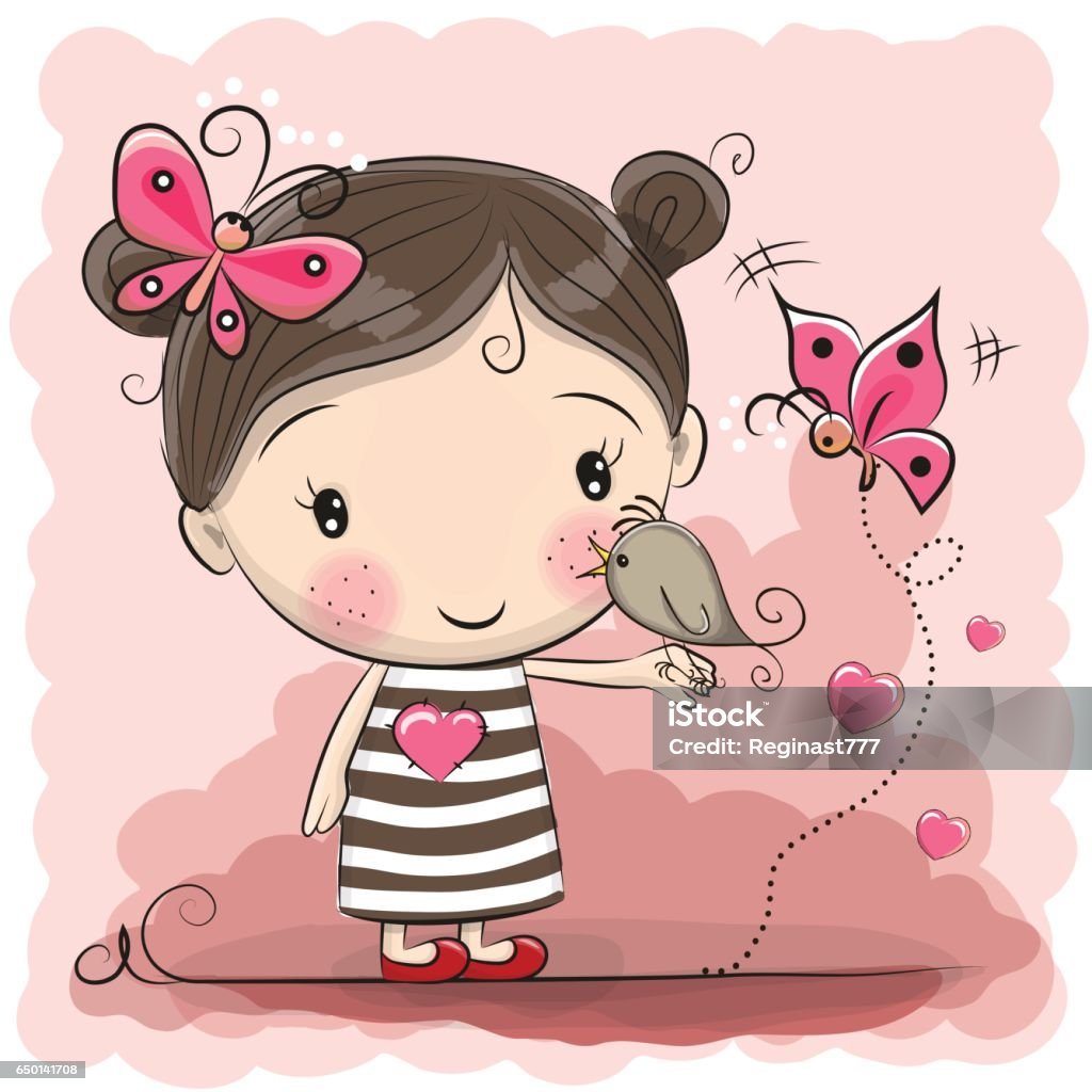 Cute Cartoon Girl With Bird Stock Illustration - Download Image Now - Cute,  Girls, Child - iStock