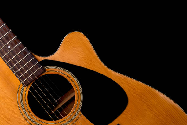 istock acoustic guitar detail on black background 650144520