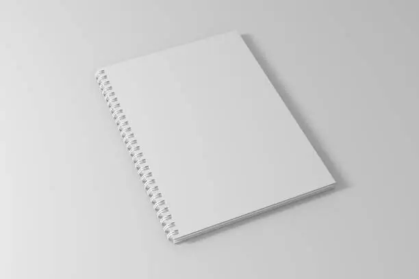 Photo of spiral notebook template on clean white background. 3d illustrated