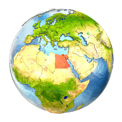 Egypt highlighted in red on Earth. 3D illustration with highly detailed realistic planet surface isolated on white background. 3D model of planet created and rendered in Cheetah3D software, 4 Mar 2017. Some layers of planet surface use textures furnished by NASA, Blue Marble collection: http://visibleearth.nasa.gov/view_cat.php?categoryID=1484