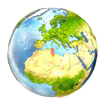Tunisia highlighted in red on Earth. 3D illustration with highly detailed realistic planet surface isolated on white background. 3D model of planet created and rendered in Cheetah3D software, 4 Mar 2017. Some layers of planet surface use textures furnished by NASA, Blue Marble collection: http://visibleearth.nasa.gov/view_cat.php?categoryID=1484