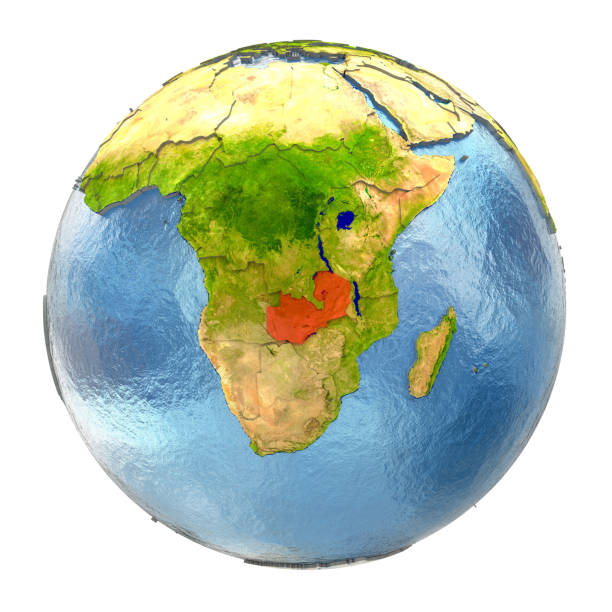 Zambia highlighted in red on Earth. 3D illustration with highly detailed realistic planet surface isolated on white background. 3D model of planet created and rendered in Cheetah3D software, 4 Mar 2017. Some layers of planet surface use textures furnished by NASA, Blue Marble collection: http://visibleearth.nasa.gov/view_cat.php?categoryID=1484