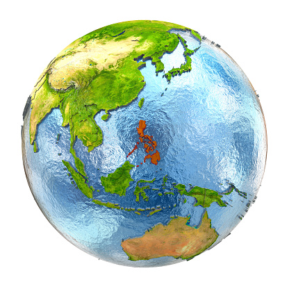 Philippines highlighted in red on Earth. 3D illustration with highly detailed realistic planet surface isolated on white background. 3D model of planet created and rendered in Cheetah3D software, 4 Mar 2017. Some layers of planet surface use textures furnished by NASA, Blue Marble collection: http://visibleearth.nasa.gov/view_cat.php?categoryID=1484