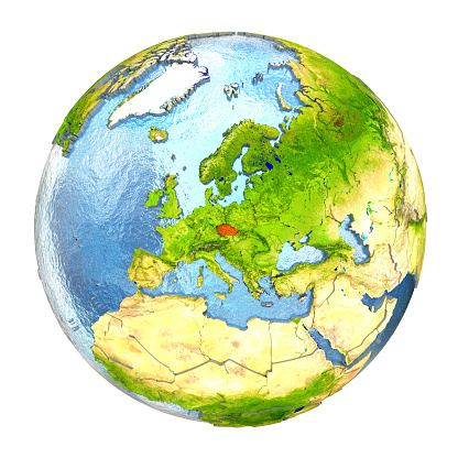 Czech republic highlighted in red on Earth. 3D illustration with highly detailed realistic planet surface isolated on white background. 3D model of planet created and rendered in Cheetah3D software, 4 Mar 2017. Some layers of planet surface use textures furnished by NASA, Blue Marble collection: http://visibleearth.nasa.gov/view_cat.php?categoryID=1484