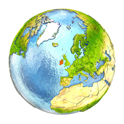 Ireland highlighted in red on Earth. 3D illustration with highly detailed realistic planet surface isolated on white background. 3D model of planet created and rendered in Cheetah3D software, 4 Mar 2017. Some layers of planet surface use textures furnished by NASA, Blue Marble collection: http://visibleearth.nasa.gov/view_cat.php?categoryID=1484