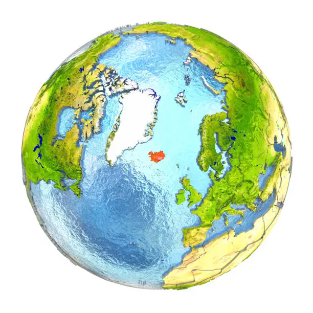 Iceland highlighted in red on Earth. 3D illustration with highly detailed realistic planet surface isolated on white background. 3D model of planet created and rendered in Cheetah3D software, 4 Mar 2017. Some layers of planet surface use textures furnished by NASA, Blue Marble collection: http://visibleearth.nasa.gov/view_cat.php?categoryID=1484