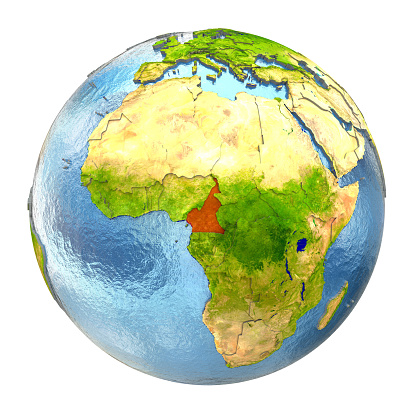 Country of Democratic Republic of Congo highlighted on globe. 3D illustration with detailed planet surface isolated on white background. 3D model of planet created and rendered in Cheetah3D software, 7 Mar 2017. Some layers of planet surface use textures furnished by NASA, Blue Marble collection: http://visibleearth.nasa.gov/view_cat.php?categoryID=1484