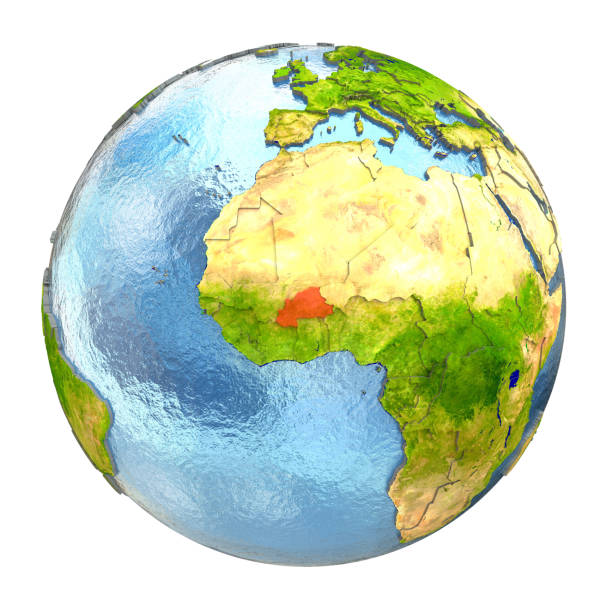 Burkina Faso highlighted in red on Earth. 3D illustration with highly detailed realistic planet surface isolated on white background. 3D model of planet created and rendered in Cheetah3D software, 4 Mar 2017. Some layers of planet surface use textures furnished by NASA, Blue Marble collection: http://visibleearth.nasa.gov/view_cat.php?categoryID=1484