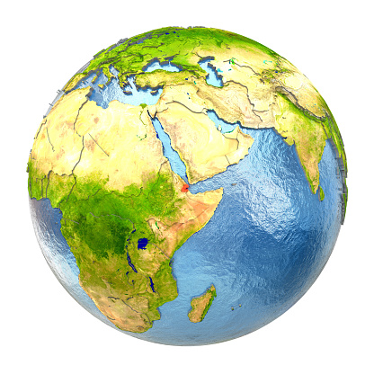 Burundi highlighted in red on Earth. 3D illustration with highly detailed realistic planet surface isolated on white background. 3D model of planet created and rendered in Cheetah3D software, 4 Mar 2017. Some layers of planet surface use textures furnished by NASA, Blue Marble collection: http://visibleearth.nasa.gov/view_cat.php?categoryID=1484