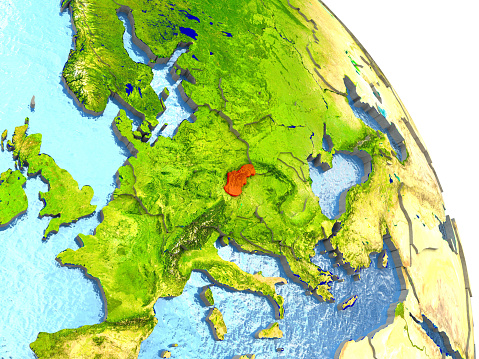 Slovakia in red with surrounding region. 3D illustration with highly detailed realistic planet surface. 3D model of planet created and rendered in Cheetah3D software, 4 Mar 2017. Some layers of planet surface use textures furnished by NASA, Blue Marble collection: http://visibleearth.nasa.gov/view_cat.php?categoryID=1484