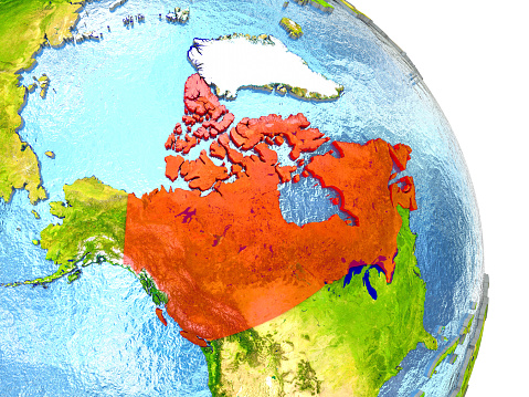 Canada in red with surrounding region. 3D illustration with highly detailed realistic planet surface. 3D model of planet created and rendered in Cheetah3D software, 4 Mar 2017. Some layers of planet surface use textures furnished by NASA, Blue Marble collection: http://visibleearth.nasa.gov/view_cat.php?categoryID=1484