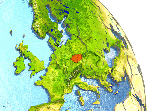 Czech republic in red with surrounding region. 3D illustration with highly detailed realistic planet surface. 3D model of planet created and rendered in Cheetah3D software, 4 Mar 2017. Some layers of planet surface use textures furnished by NASA, Blue Marble collection: http://visibleearth.nasa.gov/view_cat.php?categoryID=1484