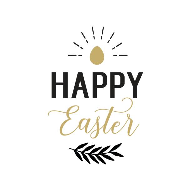 ilustrações de stock, clip art, desenhos animados e ícones de happy easter lettering with egg and twig - easter leaf black shiny