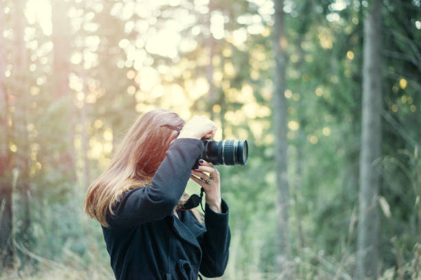 istock Young woman taking photograph in green forest 650162204