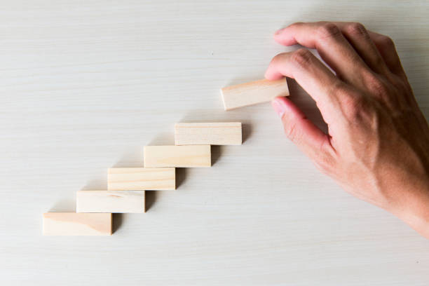 istock Hand aranging wood block stacking as step stair. Business concept for growth success process. 650163298