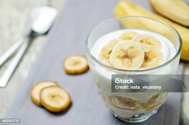 Greek Yogurt Banana Parfait Stock Photo - Download Image Now - Banana, Dessert - Sweet Food, Greek Yogurt