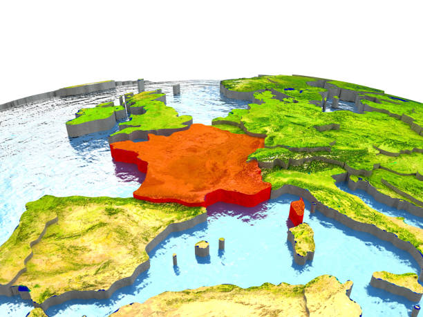 France highlighted in red on globe with surrounding region. 3D illustration with highly detailed realistic planet surface. 3D model of planet created and rendered in Cheetah3D software, 4 Mar 2017. Some layers of planet surface use textures furnished by NASA, Blue Marble collection: http://visibleearth.nasa.gov/view_cat.php?categoryID=1484