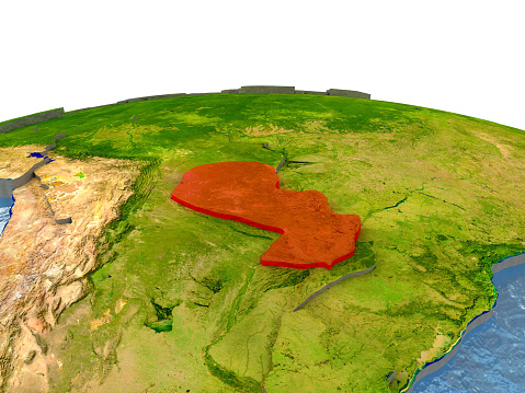 Paraguay highlighted in red on globe with surrounding region. 3D illustration with highly detailed realistic planet surface. 3D model of planet created and rendered in Cheetah3D software, 4 Mar 2017. Some layers of planet surface use textures furnished by NASA, Blue Marble collection: http://visibleearth.nasa.gov/view_cat.php?categoryID=1484